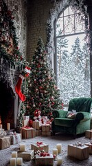 Obraz premium Cozy Christmas Living Room Fireplace Tree Gifts Snow Scene