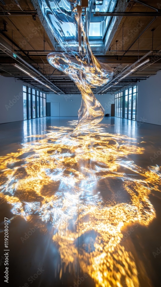 Poster dynamic installation of sound and light movement art gallery visual art modern environment wide angl