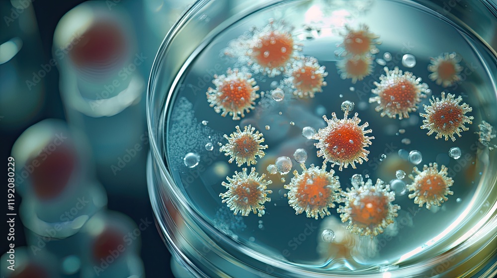 Poster close-up view of viruses in petri dish with bubbles and scientific background in laboratory setting 