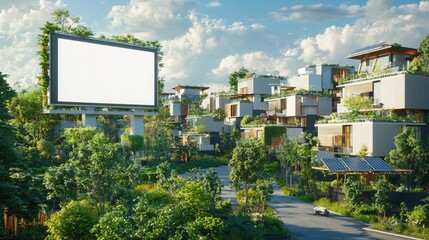 Obraz premium Modern Sustainable Community with Green Architecture and Open Spaces Surrounded by Nature and Bright Blue Sky Perfect for Eco-Friendly Living