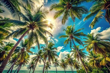 Vintage palm trees sway under a brilliant blue sky; summer beach bliss awaits.