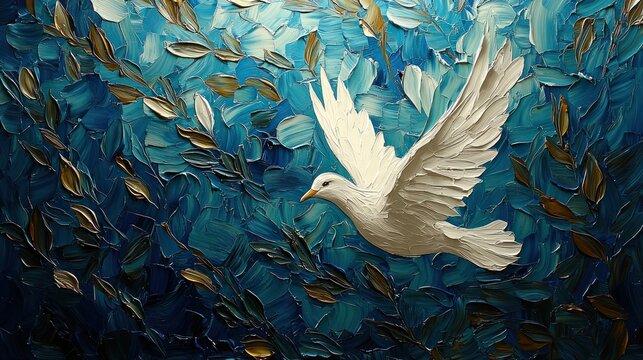 A white dove in flight among blue foliage.