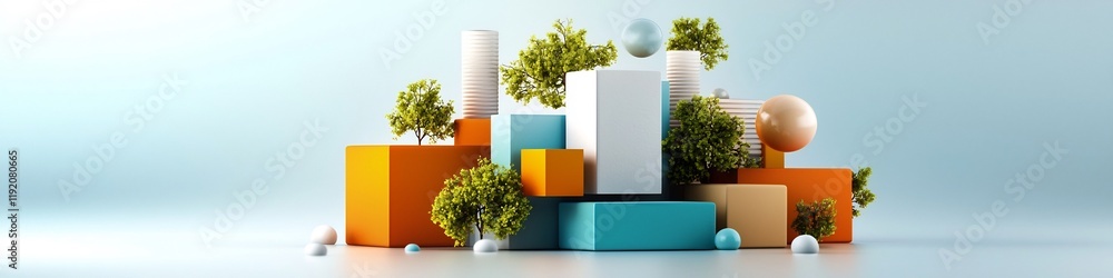 Poster a 3d rendered abstract composition of geometric architectural forms and shapes including cubes recta