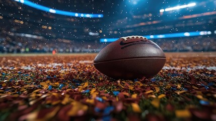 American football on the field after a game, confetti, stadium lights, celebratory atmosphere
