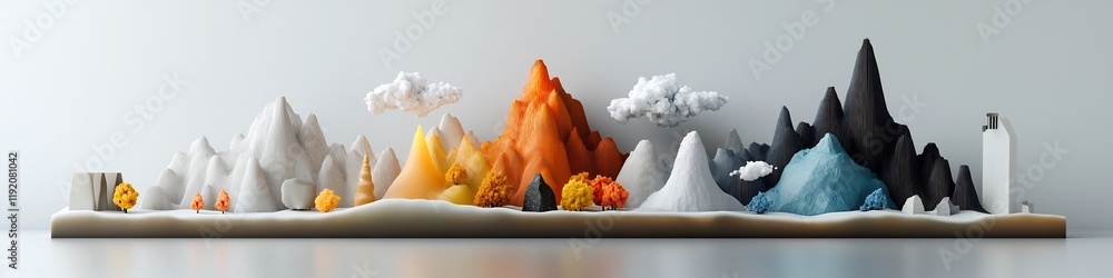 Poster vibrant 3d rendering of a conceptual landscape visualizing the frequency distribution of carbon emis
