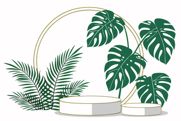 Obraz premium White product podium, tropical green leaves, monstera, fern, minimalist display, clean background, 3D rendering, product showcase, botanical elements, modern design, soft shadows, crisp details, vibra