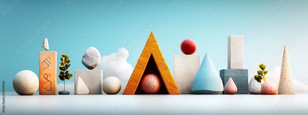 Poster this image is a 3d rendered minimalist arrangement of various architectural symbols designed to repr