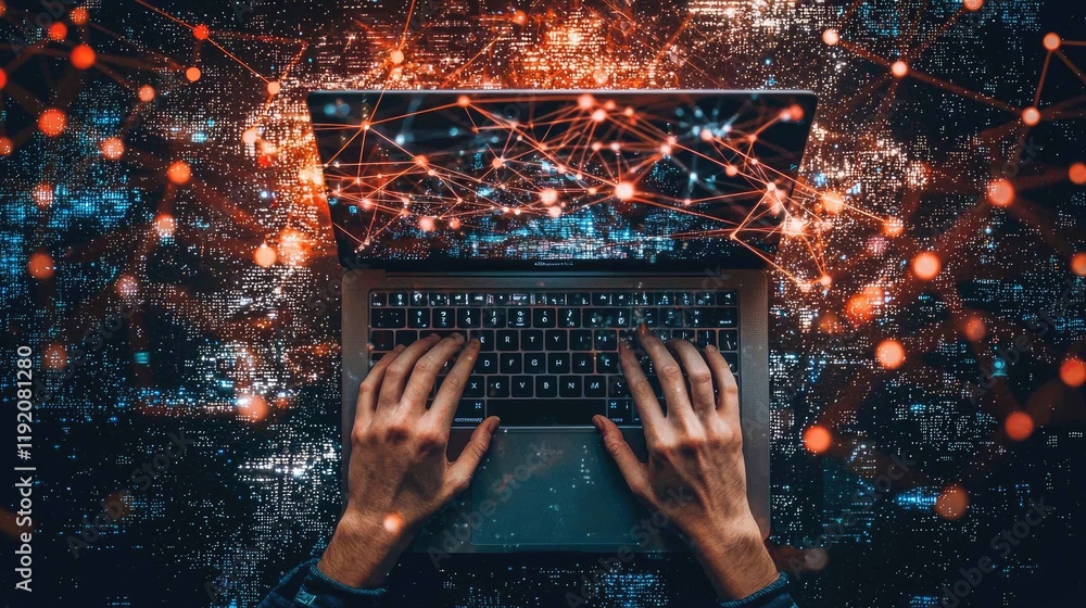 Poster Abstract representation of digital connectivity and technology, showcasing hands typing on laptop with glowing network connections in dark ambient background