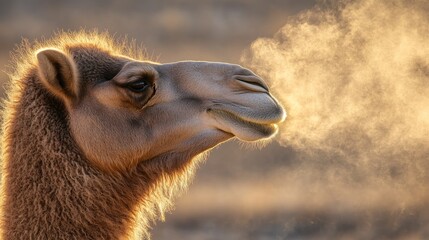 Fototapeta premium A magnificent camel portrait, breathing out fog in the setting sun illuminating its profile