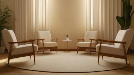 Cozy therapy session setup with four chairs and small table in warm light