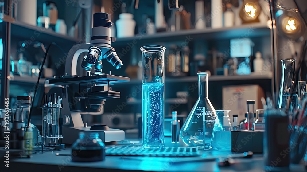 Aufkleber laboratory workspace with microscope, glassware, and fluids illuminated by soft blue lighting in a s