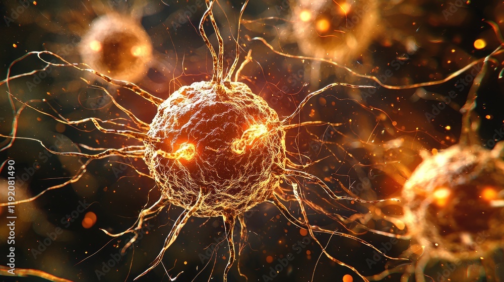 Poster intricate close-up of microbial structure with glowing elements and filamentous protrusions in an ab
