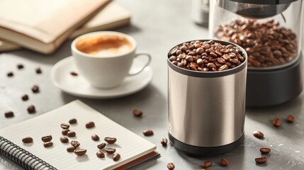 Freshly Roasted Coffee Beans and Coffee Cup on a Table with Notepad and Grinder, Perfect for Coffee Lovers and Kitchen Decor