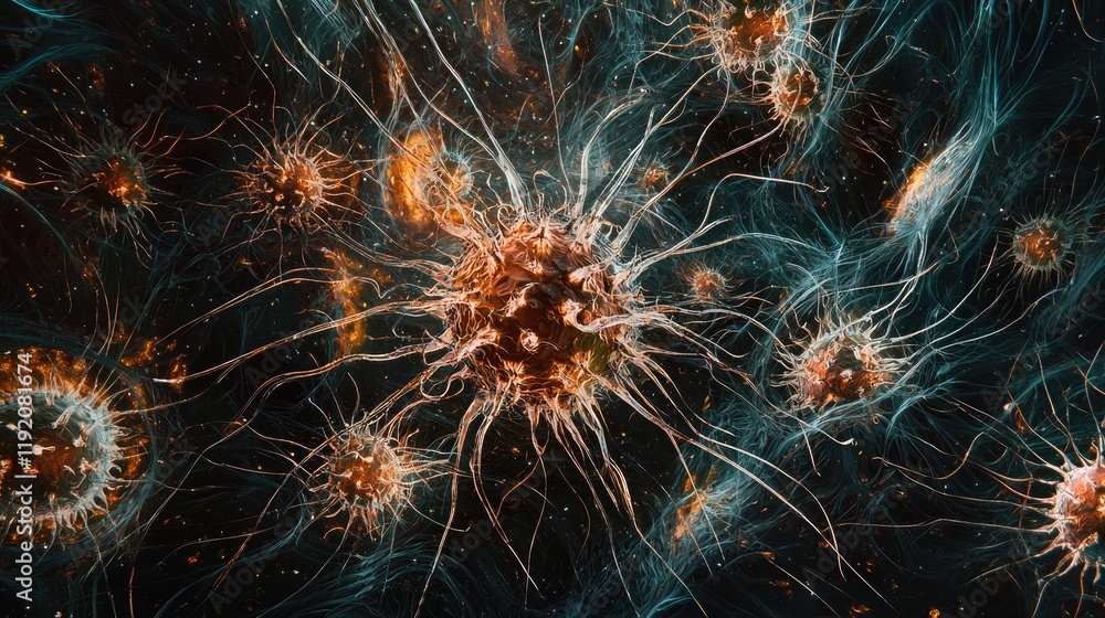 Poster abstract representation of bacteria and microorganisms with intricate details in a dark background s