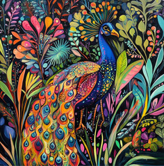 Obraz premium a colorful abstract peacock surrounded by plants