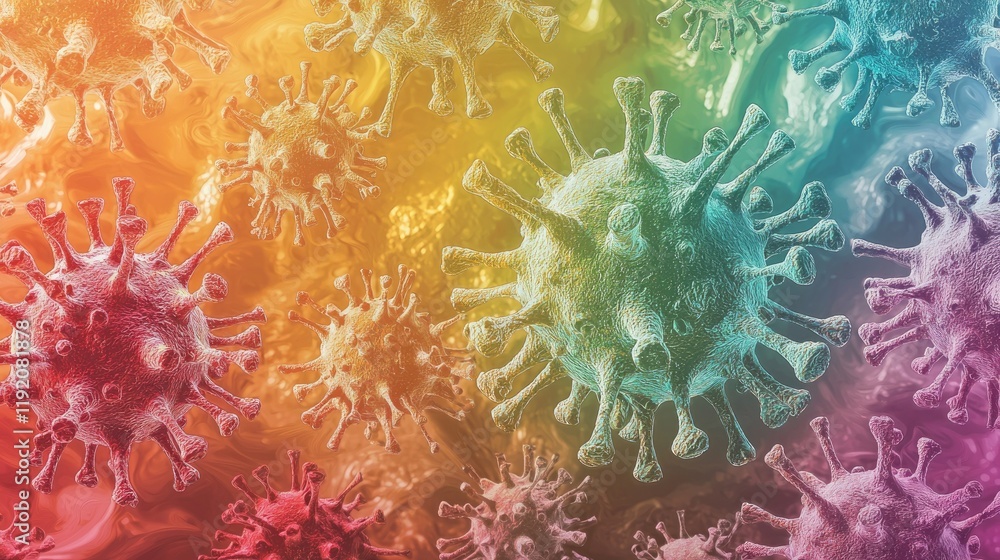 Poster colorful depiction of virus structures showcasing intricate details and textures under microscope, h