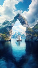 Fototapeta premium Explorers sailing into majestic archway crystal clear oceans digital art serene landscape aerial view adventure and discovery