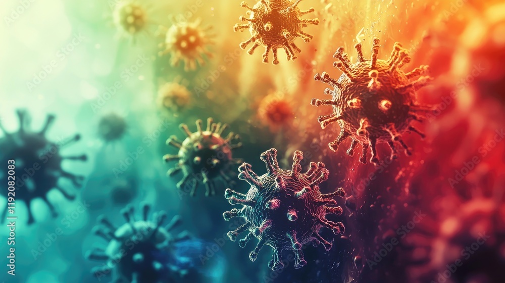 Poster vibrant close-up visualization of virus particles light and color showcasing microscopic structure a