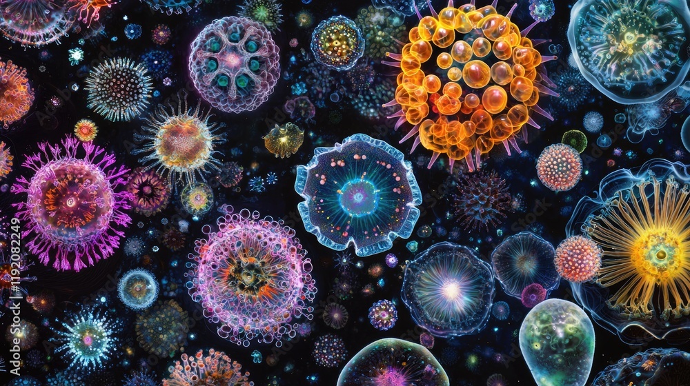 Poster colorful microscopic view of bacteria, viruses, and microorganisms in a dark background with various