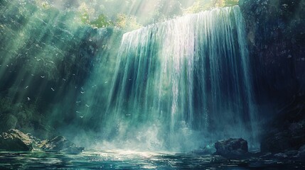 Captivating cascade with sunlight filtering through mist, serene natural landscape featuring crystal clear water flowing over lush rocks and vibrant greenery