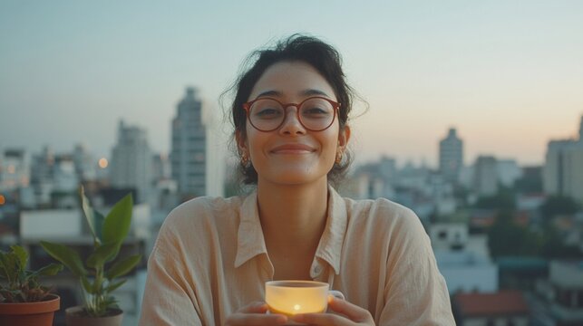 Indian Couple Enjoying Tea Together on Balcony at Sunset, Embracing Modern Couples Lifestyle and Harmony - Powered by Adobe