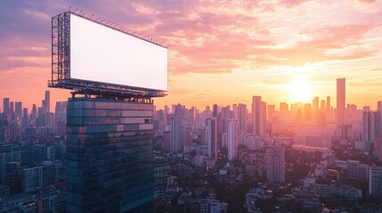 Stunning Urban Sunset with Billboard Overlooking City Skyline and Modern Buildings Illuminated by Golden Evening Light