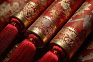 A set of elegant red scrolls with traditional Chinese patterns and tassels in a luxurious gold finish.