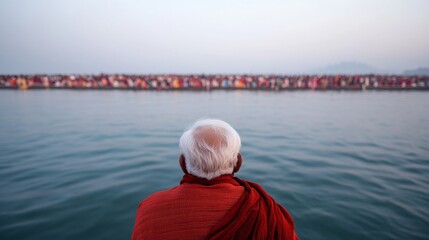 Devotees Gather on Ganges River Banks Devotees in Traditional Attire in Sunrise Gathering