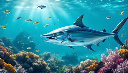 Underwater Serenity: A Majestic Fish Swimming Through a Vibrant Coral Reef Scene