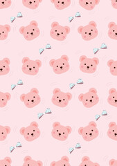 pink teddy bear smile and a little move, blue bow on light pink background.Vector seamless pattern