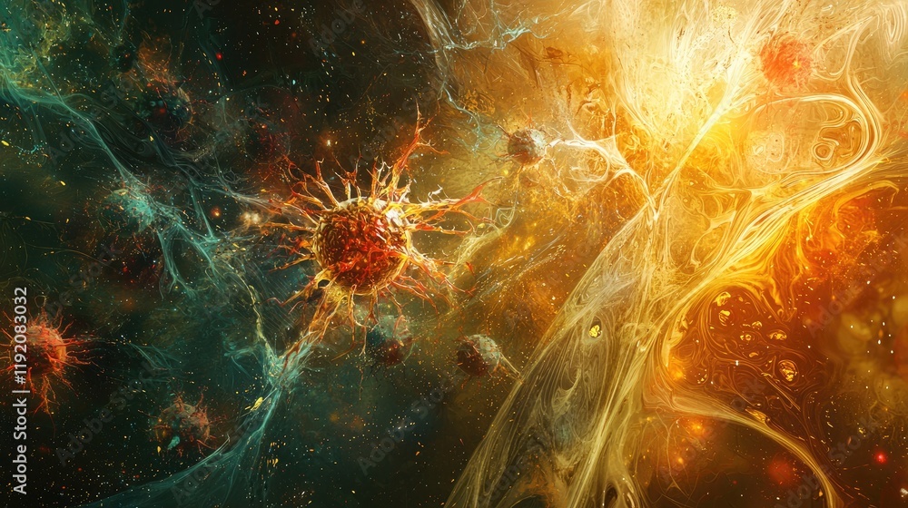 Poster abstract representation of cosmic phenomena showcasing vibrant energy bursts and intricate particle 