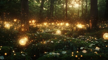Obraz premium Enchanted Forest with Glowing Orbs and Light Effects Surrounded by Lush Greenery and Delicate Flowers in a Magical Atmosphere