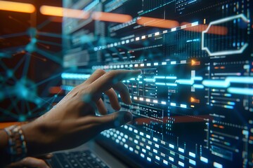 Close up of businessman hands typing on laptop keyboard with glowing blue binary code