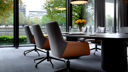 Modern conference room with large windows overlooking a city park.  Two chairs are in the foreground, facing a long table.