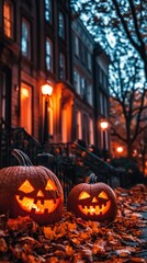 Two carved pumpkins glow on a leaf-covered street, creating a festive Halloween atmosphere.