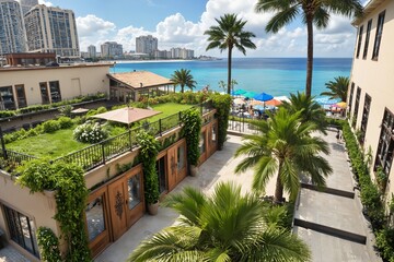 Fototapeta premium Luxurious Oceanfront Resort With Rooftop Garden And Stunning City Skyline Views