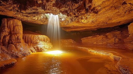 Enchanting underground cave with flowing waterfall illuminating tranquil pool of sparkling water and stunning rock formations in mysterious environment