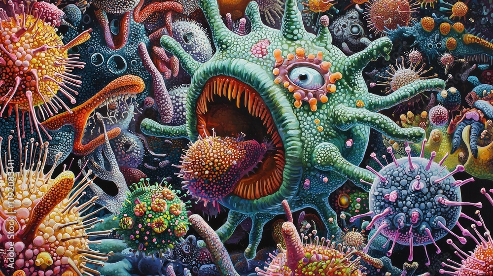Poster abstract representation of vibrant microorganisms interacting in a colorful and surreal microscopic 