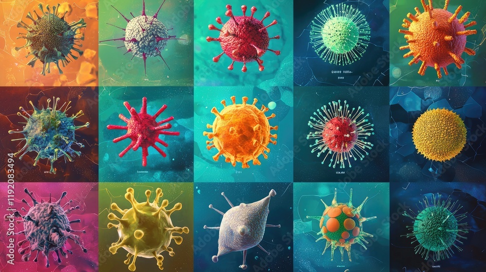 Poster colorful display of various virus structures in a creative arrangement illustrating microscopic orga