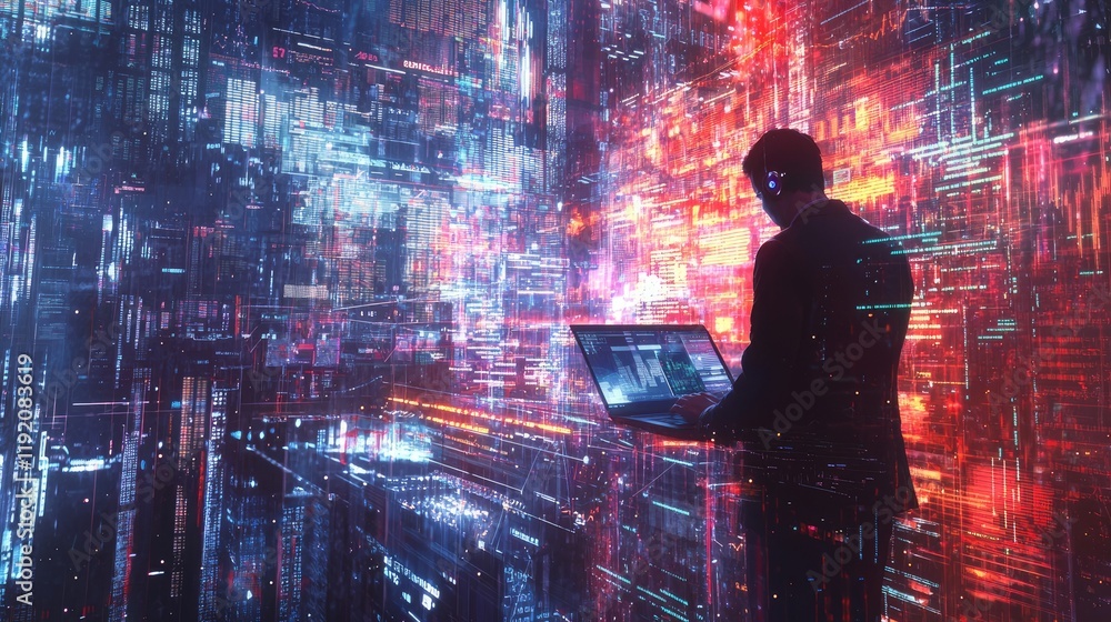 Poster Futuristic digital landscape with glowing data streams and a business professional using a laptop in a high-tech environment filled with vibrant lights