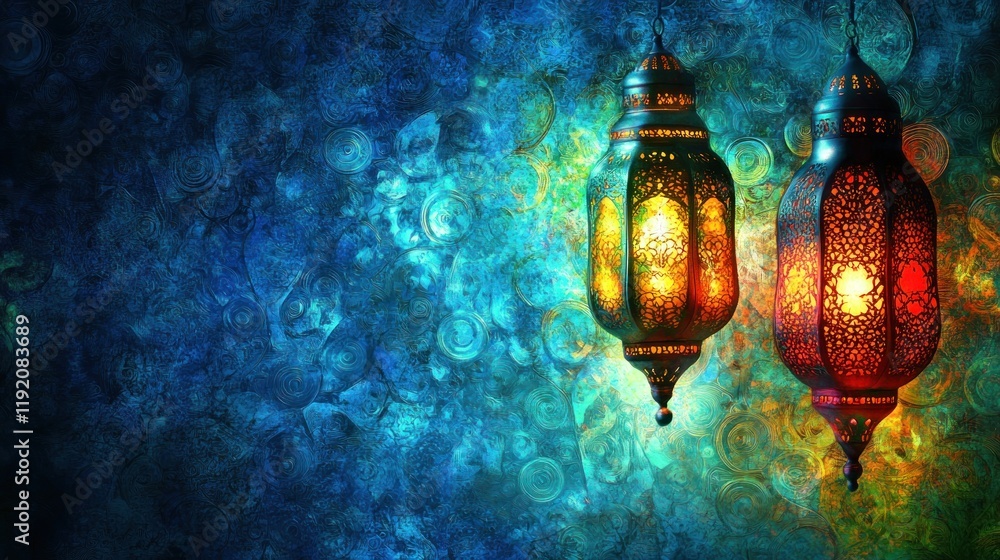 Wall mural Two ornate lanterns glow against a vibrant blue and textured background, creating a festive atmosphere.