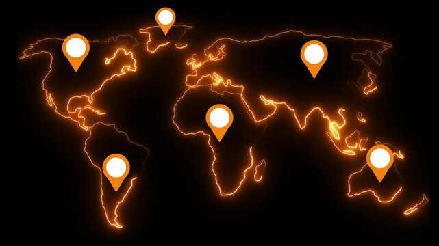 travel plan, neon world map, marking of positions on the map with PIN marks, trip around the world
