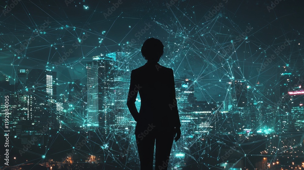 Poster silhouette of a business professional overlooking a futuristic cityscape with digital connections an