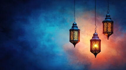 Fototapeta premium Festive lanterns glowing, night sky background, Ramadan celebration, greeting card design