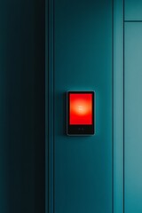 Smart Home Technology Display Smart Screen Mounted on Modern Wall, Ambient Lighting Emphasis, Smart Home Integration, Evening Mood, Innovative Technology