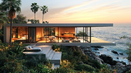 Fototapeta premium Modern coastal house at sunset by the ocean.