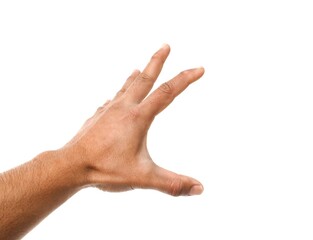 Male hand reaching for something on business concept Isolated on a white background.	