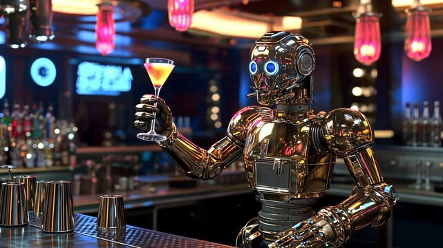 Golden robot bartender serving a cocktail at a futuristic bar.