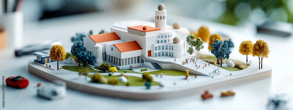 Poster detailed 3d rendered model depicting a miniaturized representation of various architectural elements