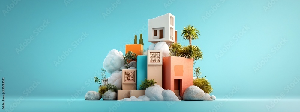 Poster a 3d rendered abstract design representing the frequency of occurrence of different architectural sy